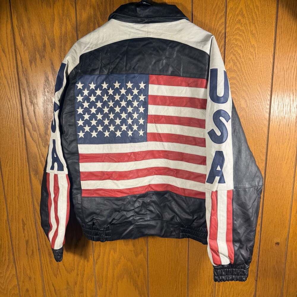 RARE Vintage USA Flag Leather Bomber Jacket Oscar Piel 90s